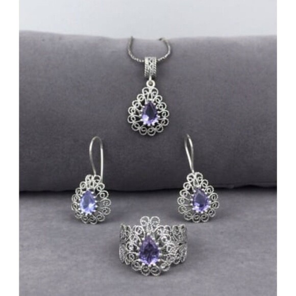 Hand Crafted Jewelry - 925 Sterling Silver Turkish Filigree Wedding Jewelry Set for Women, HandmadeGift